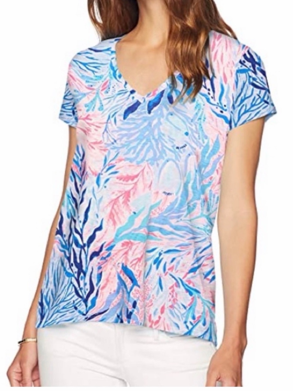 Lilly Pulitzer Etta Top Crew Blue Kaleidoscope Coral